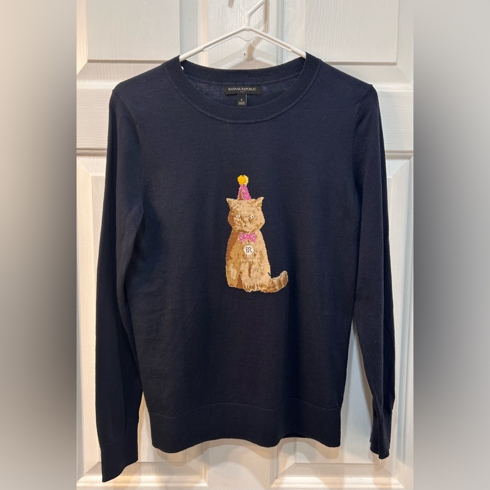 Banana Republic Happy Birthday Hat Grumpy Cat Lady‎ Sweater Size S Festive Party